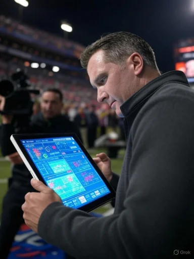 A man on the sideline studies a tablet displaying blue analytics during a night football game.