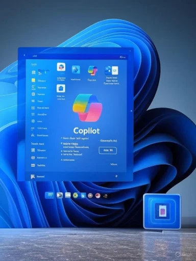 A blue Copilot interface floats over a swirling, abstract blue background.
