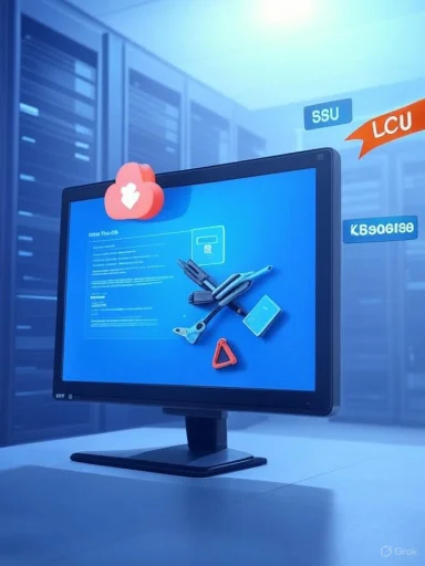 A computer monitor in a blue server room displays repair tools and a cloud icon.