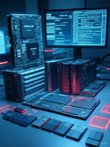 Blue-lit futuristic computer hardware with exposed circuit boards and RAM modules.