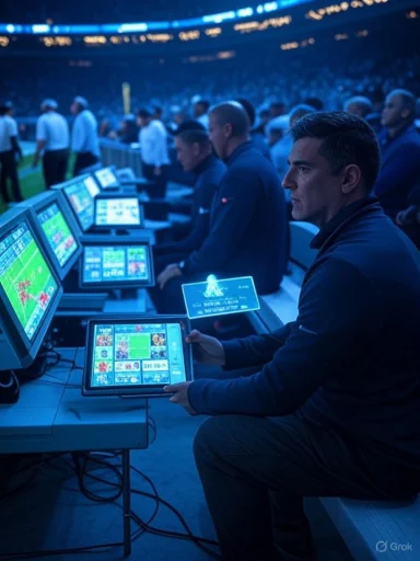 A man uses a betting tablet at a row of screens in a blue-lit stadium.