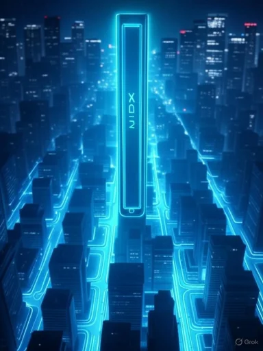Futuristic neon city with glowing circuit-like streets and a central tall ONIX tower.