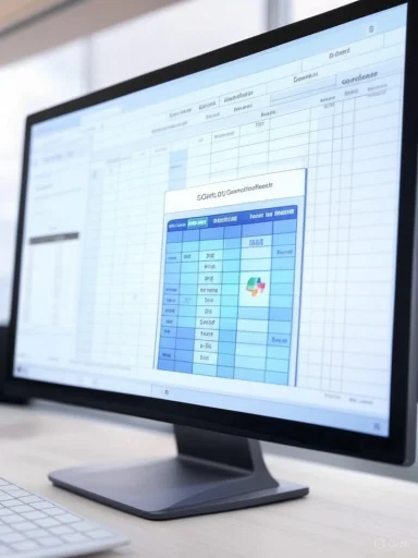 A desktop monitor on a desk displays a spreadsheet with a pop-up dialog box.