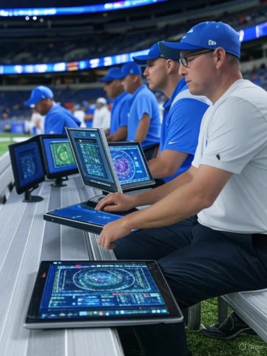 Baseball team staff monitor radar-style screens on tablets during a game.