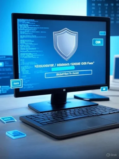 A desktop computer on a desk displays a blue security screen with a shield icon.