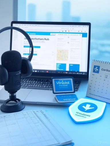 A podcast recording setup with a microphone, headphones, and a laptop on a bright desk.