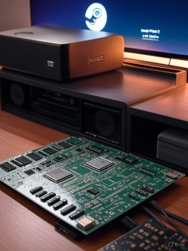 A green motherboard sits on a desk with an audio DAC/amp and a monitor in the background.