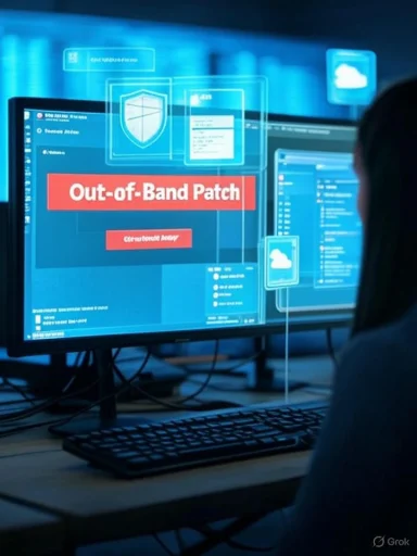 Security analyst monitors a blue-lit screen displaying an Out-of-Band Patch alert.
