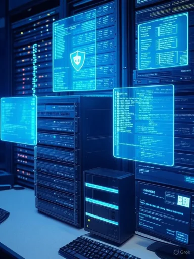 Blue-tinted data center with rows of server racks and floating holographic screens.
