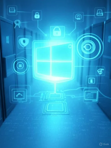 Blue holographic interface with a Windows logo hovering above server racks in a data center.