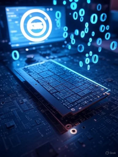 Close-up of an NVMe SSD on a blue motherboard, with floating binary-code visuals.