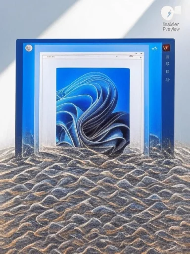 A blue computer monitor partially buried in sand, displaying a swirling blue image.