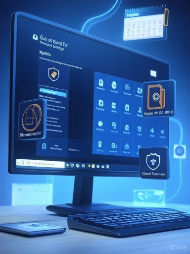 A blue-lit computer monitor displays a tiled dashboard with floating app icons.