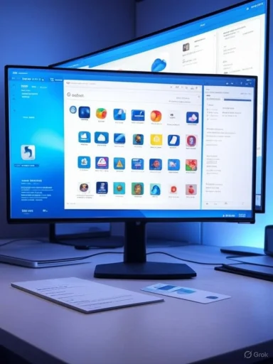 A sleek desk setup with a monitor displaying a colorful grid of app icons under blue lighting.