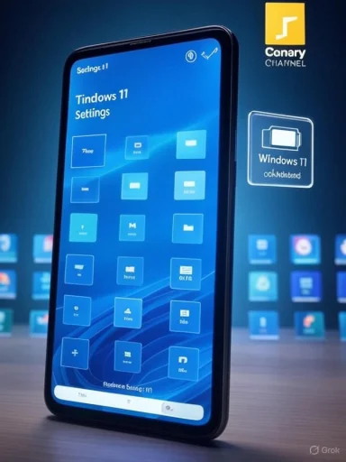 A smartphone displays Windows 11–style Settings tiles on a blue home screen.