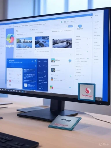 A monitor displays a multi-panel blue dashboard on a clean desk with a sticky note and business card.