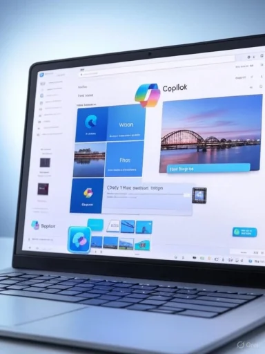 A laptop screen shows a colorful dashboard with blue tiles and a bridge image.