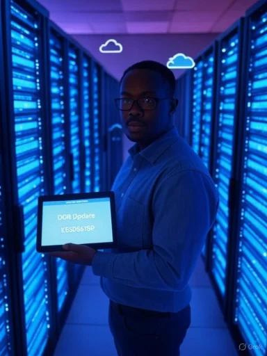 Man in a data center stands among blue-lit server racks, holding a tablet.