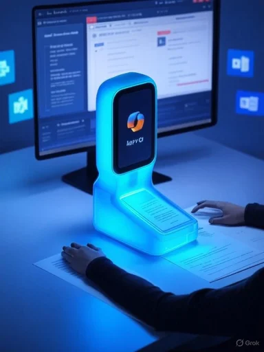 Blue-lit desk scanner scanning documents, with a computer monitor in the background.