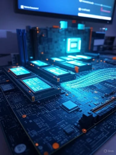 Close-up of a motherboard with multiple illuminated NVMe SSDs under blue LED lighting.