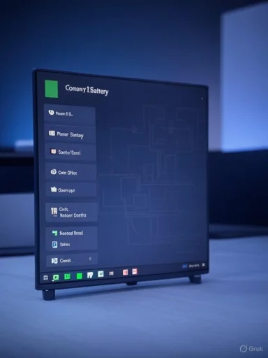 A compact black computer on a desk displays a dark UI with a circuit diagram and left-side app menu.