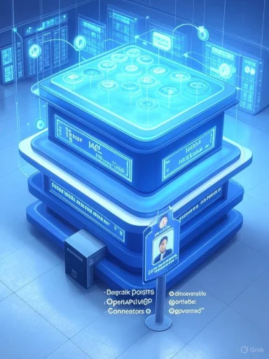 Futuristic blue data server stack with holographic interfaces and an ID badge.