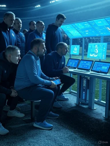 A football team reviews game analytics in a high-tech blue-lit control room.