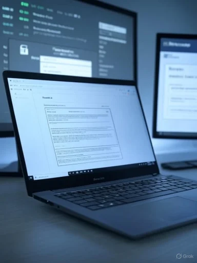 Laptop open to a document, with multiple monitors displaying dashboards in a tech workspace.