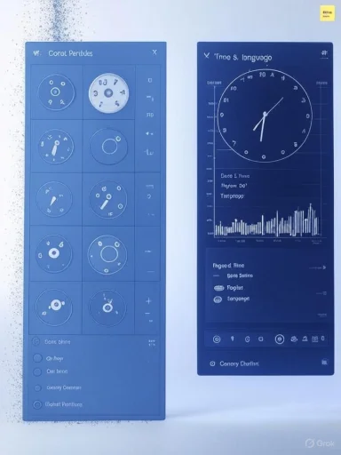 Two blue digital dashboards with circular gauges on the left and a clock-face chart with a bar graph on the right.