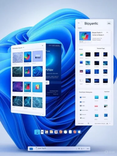 Floating UI windows hover over a blue abstract wallpaper, giving a futuristic desktop vibe.