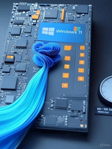 A circuit board displaying a Windows 11 logo with a curled blue ribbon cable.
