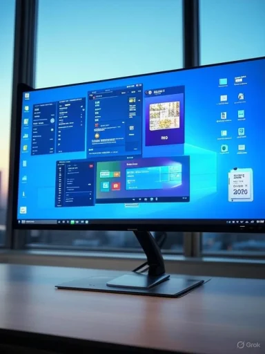 A large monitor on a desk displaying multiple Windows apps on a blue desktop.