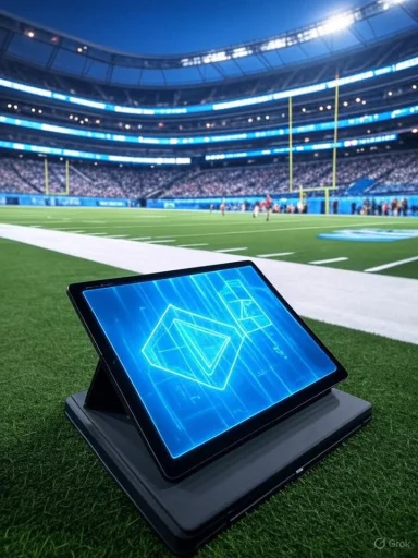 A tablet on a stand on the football field shows a blue geometric logo with a packed stadium in the background.