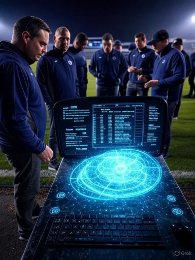 Coaches study a futuristic holographic radar console on the field at night.