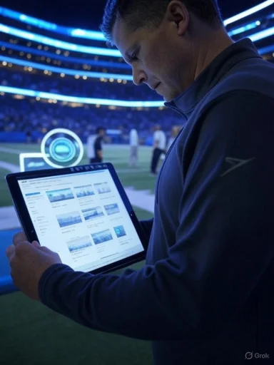 A man in a blue jacket uses a tablet on the neon-lit stadium sideline.