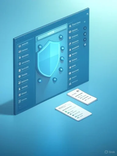 Blue computer screen shows a shield and security icons, with two cards on the floor.