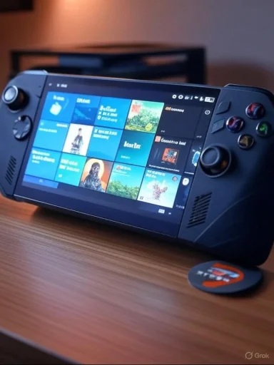 A handheld gaming console on a wooden desk, its screen displaying a grid of app tiles.