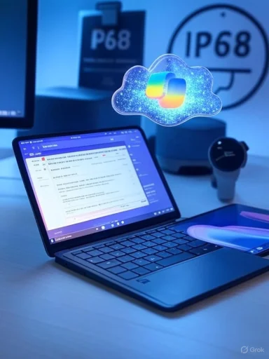 A laptop on a desk with a glowing blue cloud icon featuring a colorful Windows-style logo.