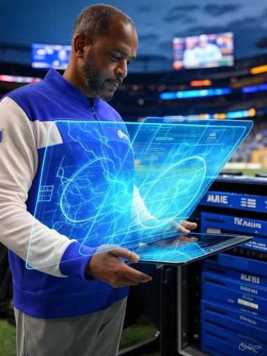 A man in a blue jacket studies holographic data on translucent screens in a stadium.