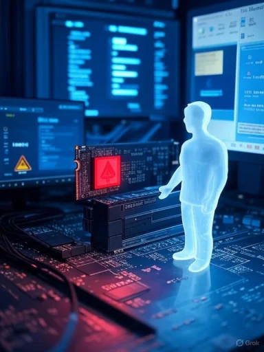 A glowing blue humanoid figure stands before a red-warning card in a high-tech lab.