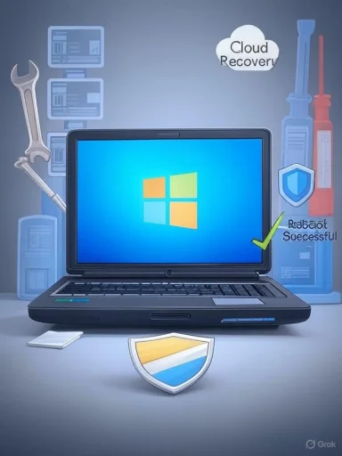 Windows laptop on a desk with cloud recovery and a security shield. Windows laptop on a desk with cloud recovery and a security shield.