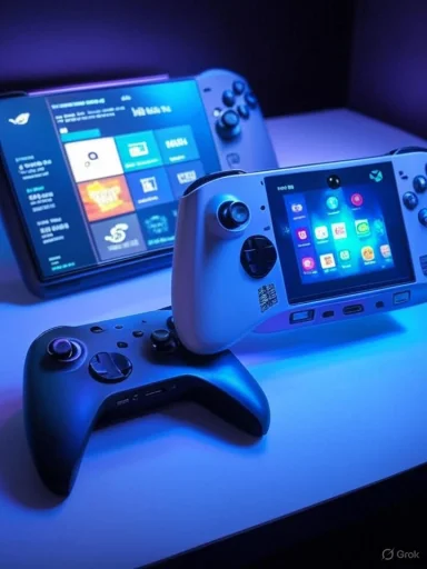 Two handheld gaming consoles sit on a blue-lit surface, one with a large screen and the other with a smaller display.