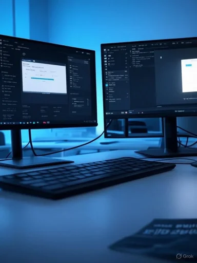 Two computer monitors glow under blue lighting, showing a dark code editor with a keyboard in front.