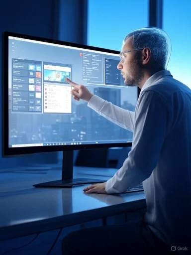 A researcher points at data dashboards on a large computer monitor.