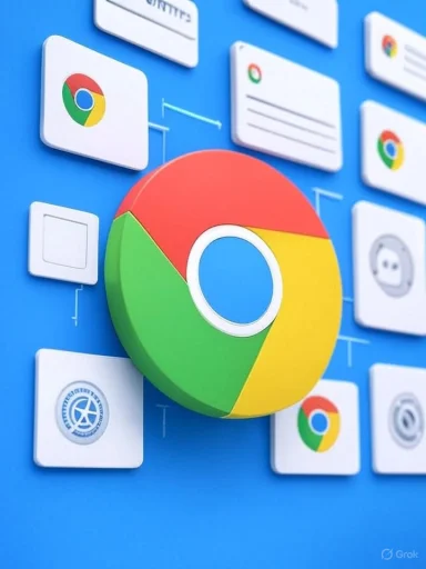 A large Chrome logo centers among floating app icons on a blue background.