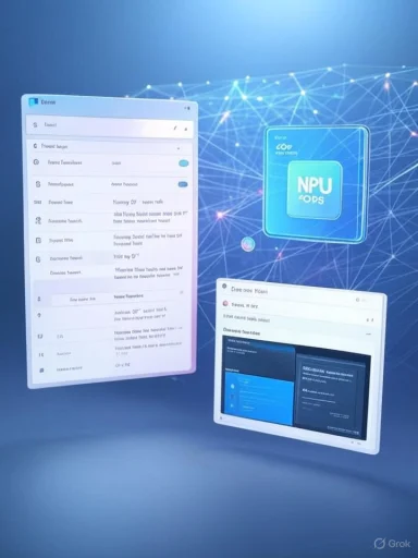 Futuristic dashboards float in a blue, connected network around a glowing NPU-OPS chip.