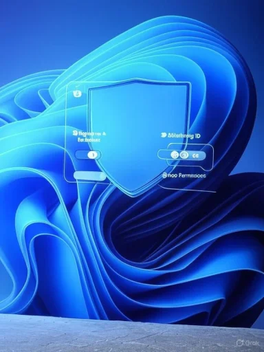 Blue abstract background with a translucent shield and a futuristic login UI overlay.
