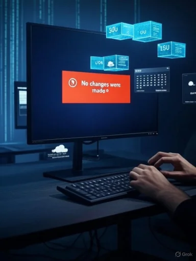 A dark tech desk with a monitor displaying 'No changes were made' and floating blue holographic data blocks.