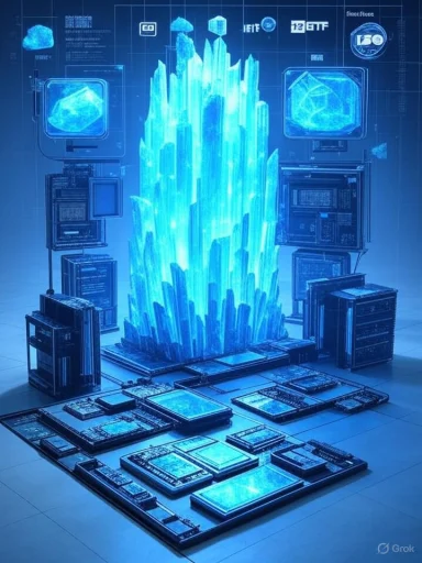 A luminous blue crystal cluster rises from a futuristic circuit-board setup.