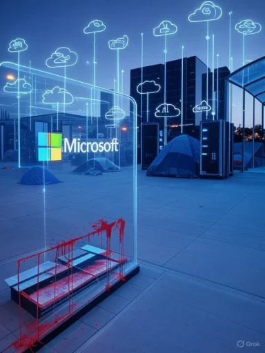 Microsoft cloud exhibit: glowing cloud icons linked by neon lines over tents and data racks.
